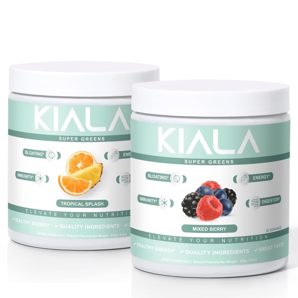 Kiala Nutrition Super Greens, Polvere di verde organico, Spirulina & clorella Superfood Powder, Zucchero & Gluten Free Vegan, Miscela spettrale, Slush tropicale, Bacca mista 2 Pack