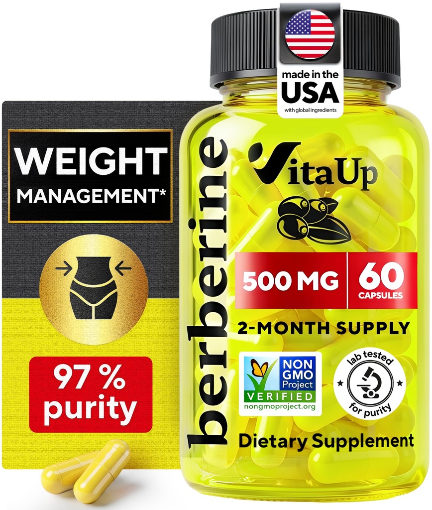 Integratore di Berberina 500mg - USA Made Berberina 500mg - Non-GMO Berberina HCL - Integratori di Berberina per la gestione del peso, energia, supporto immunitario - 60 capsule