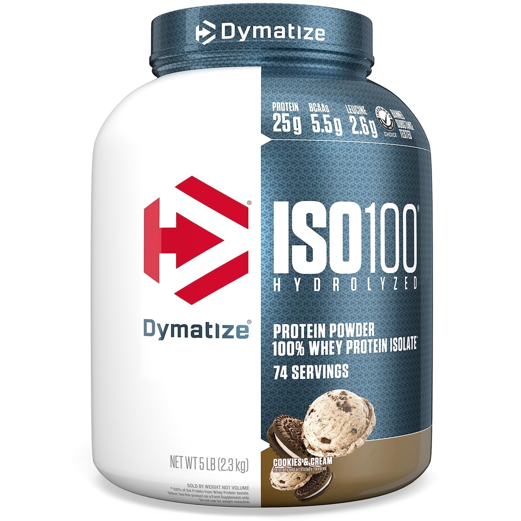 Dymatize ISO100 Whey Protein Powder Isolate, Cookies & Cream, 25g di Proteine, 5 Pound, 5.5g BCAA, Meno di 120 Cal., Gluten Free, 1g Fat, 1g Sugar, 2g Carb (74 Servings)