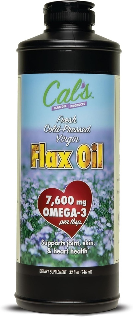 Olio di lino di Cal, semi di lino pressato a freddo, ad alto contenuto di acido 3 grasso, olio di semi di lino non raffinato, integratore liquido di olio di semi di lino puro per il supporto di salute comune, pelle e cuore - 32 oz