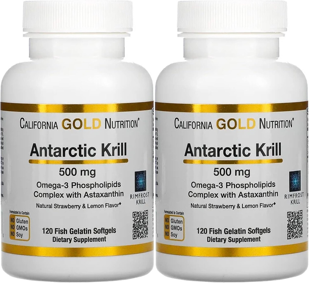 California Oro Nutrizione Antartico Krill olio, Ultra-High Omega-3 con Astaxanthin, Fragola Naturale & Limone Flavor, Non OGM, Gluten Free, 500 mg, 120 Fish Gelatin Softgels, 2 Pack