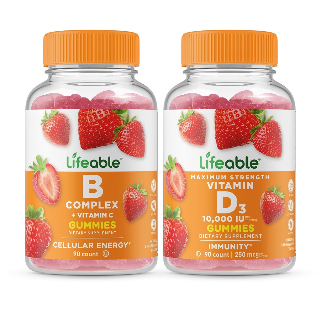 Complesso B Lifeable + Vitamina D 10000 IU, Gummies Bundle - Grande Degustazione, Integratore di vitamina, Senza glutine, OGM Free, Masticabile