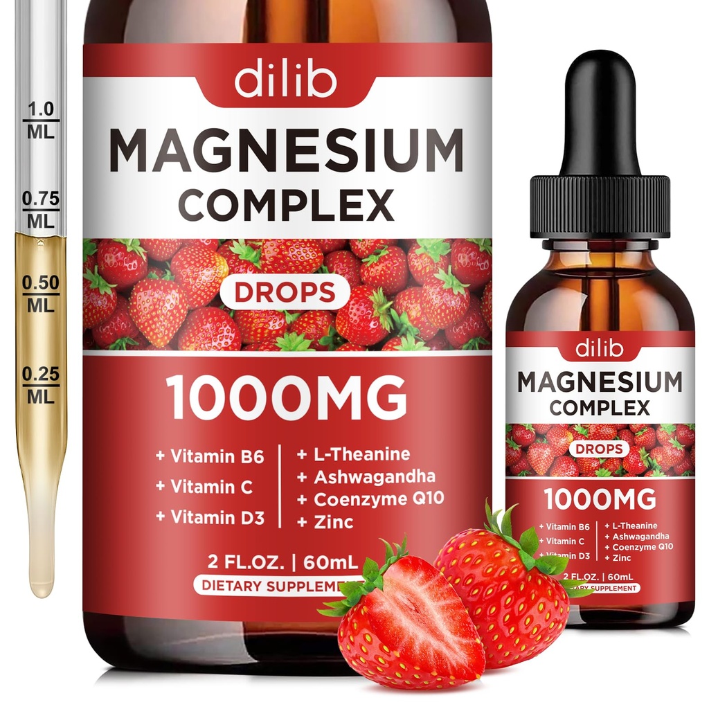 Triple Magnesium Complex Supplemento, Magnesio Glycinate, Miscela, Citrato Liquid Drops 1000mg con Ashwagandha, CoQ10, Vitamina B6, C, D, Zinc -Support Calm Stress Relief, Bone, Muscolo, Mood Vegan