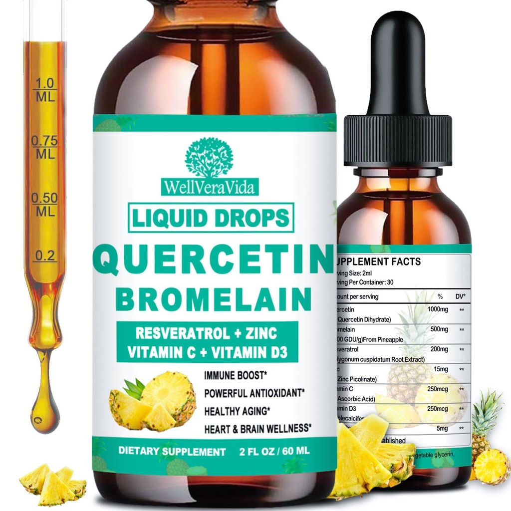 Quercetina con Bromelain Liquid Drops, 4X più forte di capsule e pillole, 7-in-1 Organic Zinc Quercetin 1000mg con Bromelain 500mg Vitamina C D3 Supporto immunitario per la salute respiratoria e antiossidante
