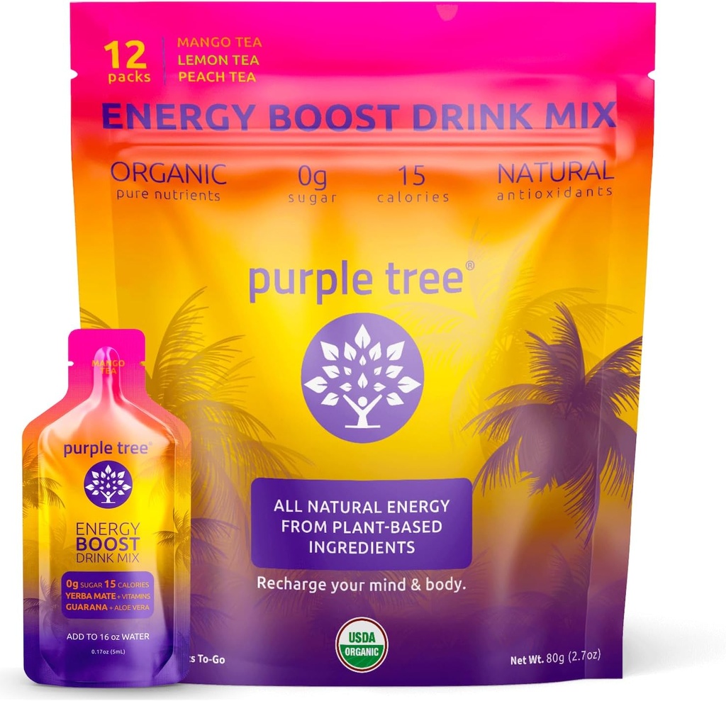 viola albero Organic Energy Stick Packets – Zero Sugar, 80mg Caffeina Naturale di Yerba Mate & Guarana, con B12 Vitamine per Smooth, Crash-Free Energy – Lemon Iced Tea Flavor, 12 to-Go Packs