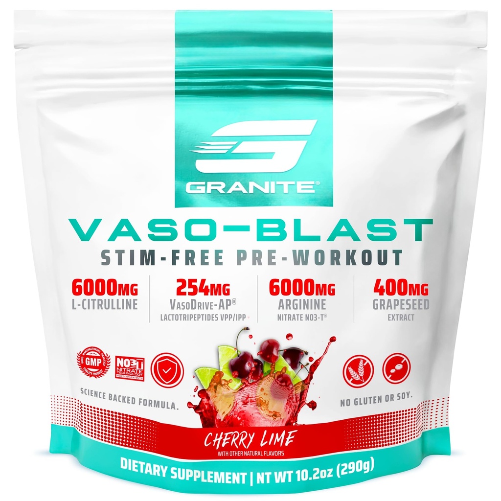 Granito Integratori Vaso Blast, Ciliegia Lime Flavor, Stimolant-Free Pre Workout per Uomini e Donne con Estratto di Uva, Arginina Nitrite, & VasoDrive-AP per Pompa Max (20 Serve)