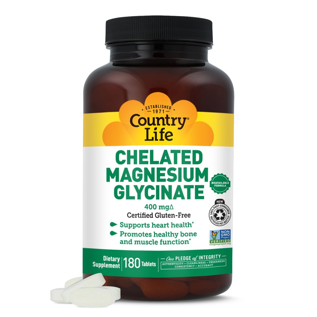 Country Life Chelated Magnesium Glycinate 400mg – Integratore di Magnesio ad alto assorbimento per il rilassamento muscolare, Energia, Supporto Bone & Immune – Senza glutine, Vegan, Halal, Non OGM Verificato - 180 compresse