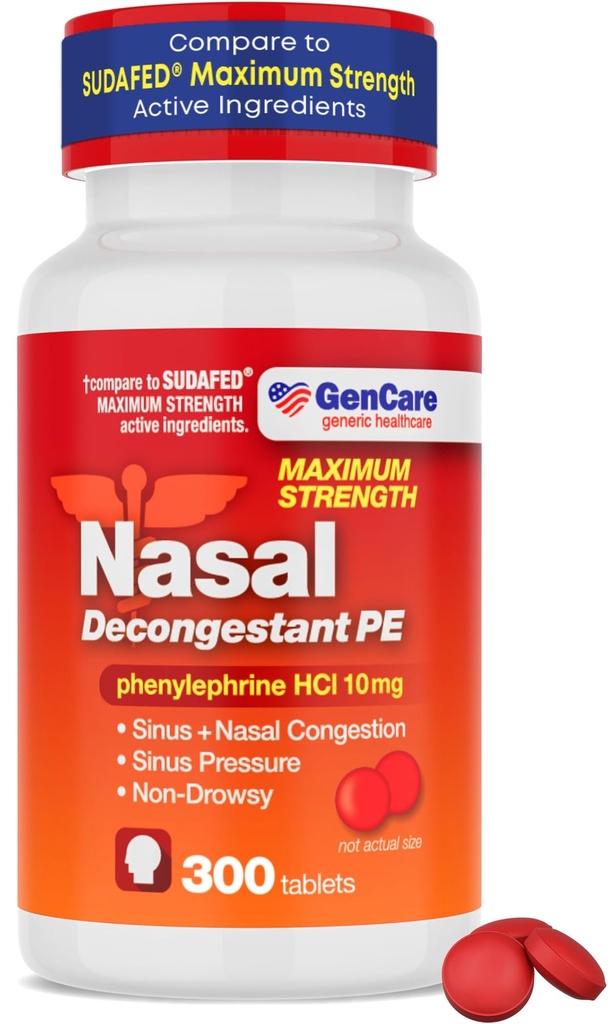 GenCare - Decongestant nasale (10mg compresse) Phenylephrine HCl (300 compresse per bottiglia) | Valore Pack Non Drowsy Sinus and Nasal Congestion Relief | Pressione Sinusale inferiore a causa di allergie o malattia