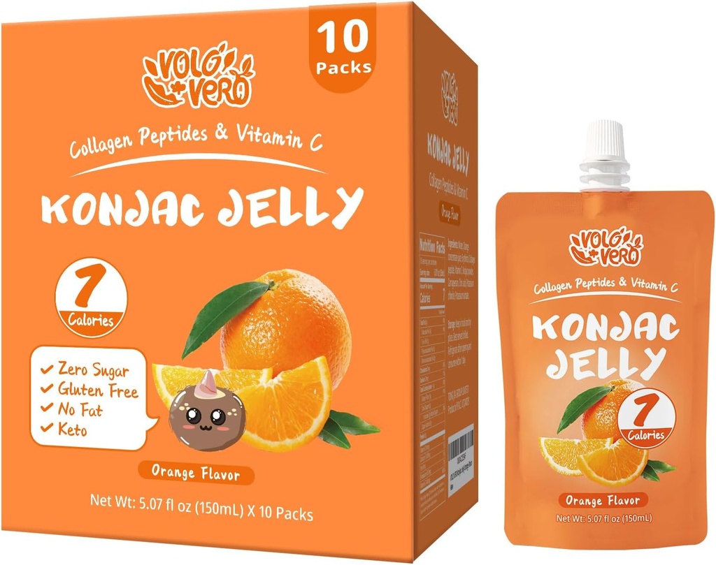 Konjac Jelly Pouch aroma d'arancia potabile, Calorie basse (7 Kcal), 10 pacchetti, senza glutine, Keto, senza zucchero, Carb basso, Snack di frutta sano di vitamina C, regalo di vacanza