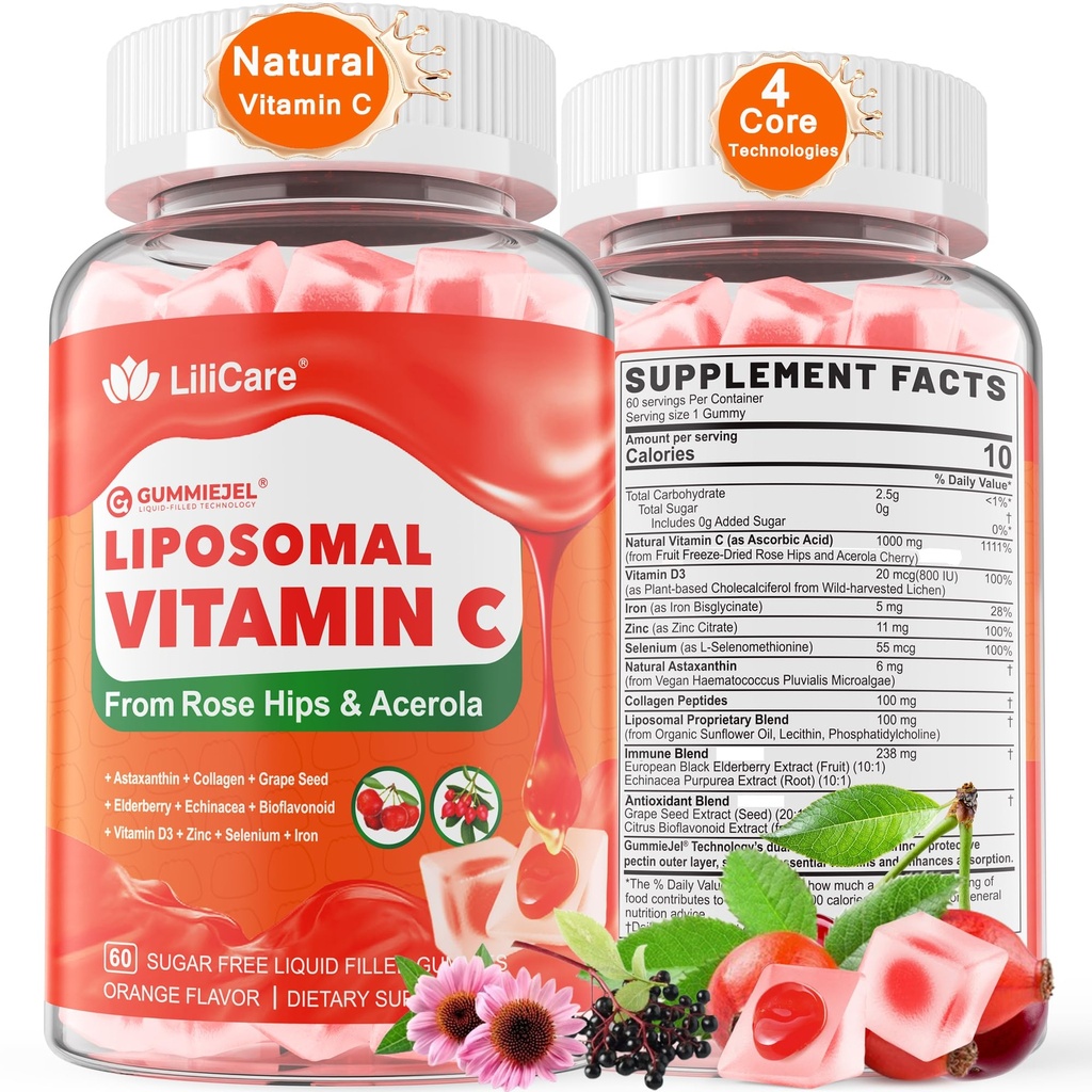 Vitamina Liposomica naturale C 1000mg Gummies per adulti e bambini 9+, Vitamina C w/ 11mg Zinco, D3, Elderberry, Echinacea, , Bioflavonoide, Supporto immunitario, Tutto il cibo VIT C da Frutta, Zucchero Libero