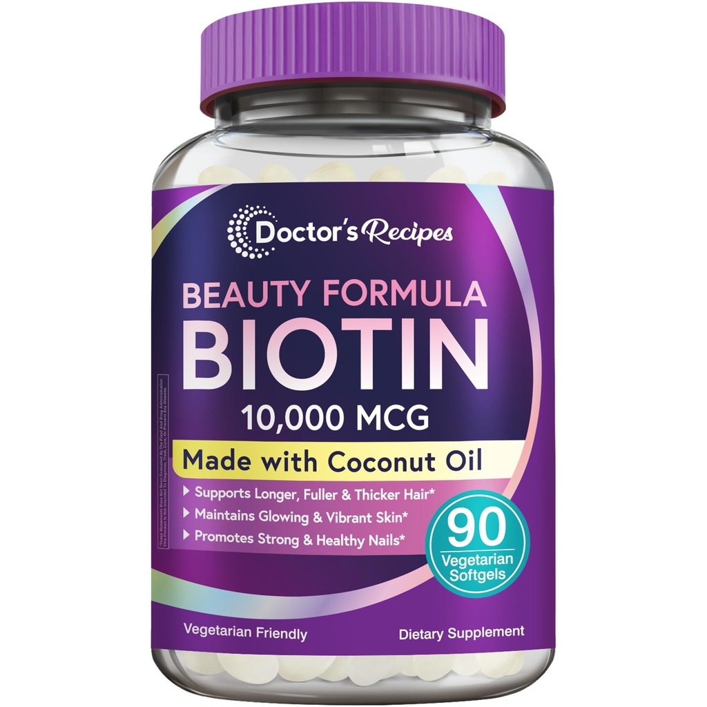 Ricette del medico Biotin 10.000 mcg, Crescita dei capelli, Pelle sana e unghie, Metabolismo energetico, Biotina vegetariana-amichevole, con olio di cocco, Non OGM, 3 mesi di alimentazione, 90 Softgel vegetariani