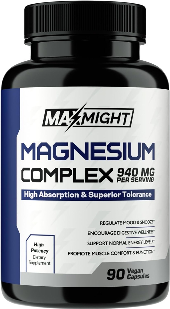 Magnesio Complesso, 210 mg Magnesio Elementale, Glicinato, Citrato & Malato, Non OGM, Assorbimento Max, Muscolo, Mood, Energia, 90 capsule vegane