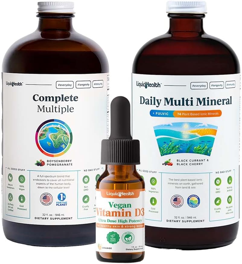 LIQUIDHEALTH Ultra Immunity Liquid Vitamin Bundle for Adults with Complete Multivitamin, Daily Multi Minerals and Vegan Vitamin D3 Drops - Supporto immunitario Vitamine, Cibo intero, Vegan, Non OGM