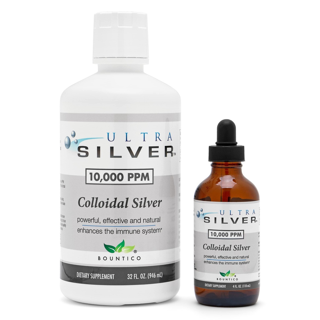 Ultra Silver® Colloidal Silver | 10.000 PPM, 32 Oz (946mL) | Supplemento minerale | True Colloidal Silver - Bottiglia Dropper 4 oz (Empty) Inclusa per la Dispensazione!