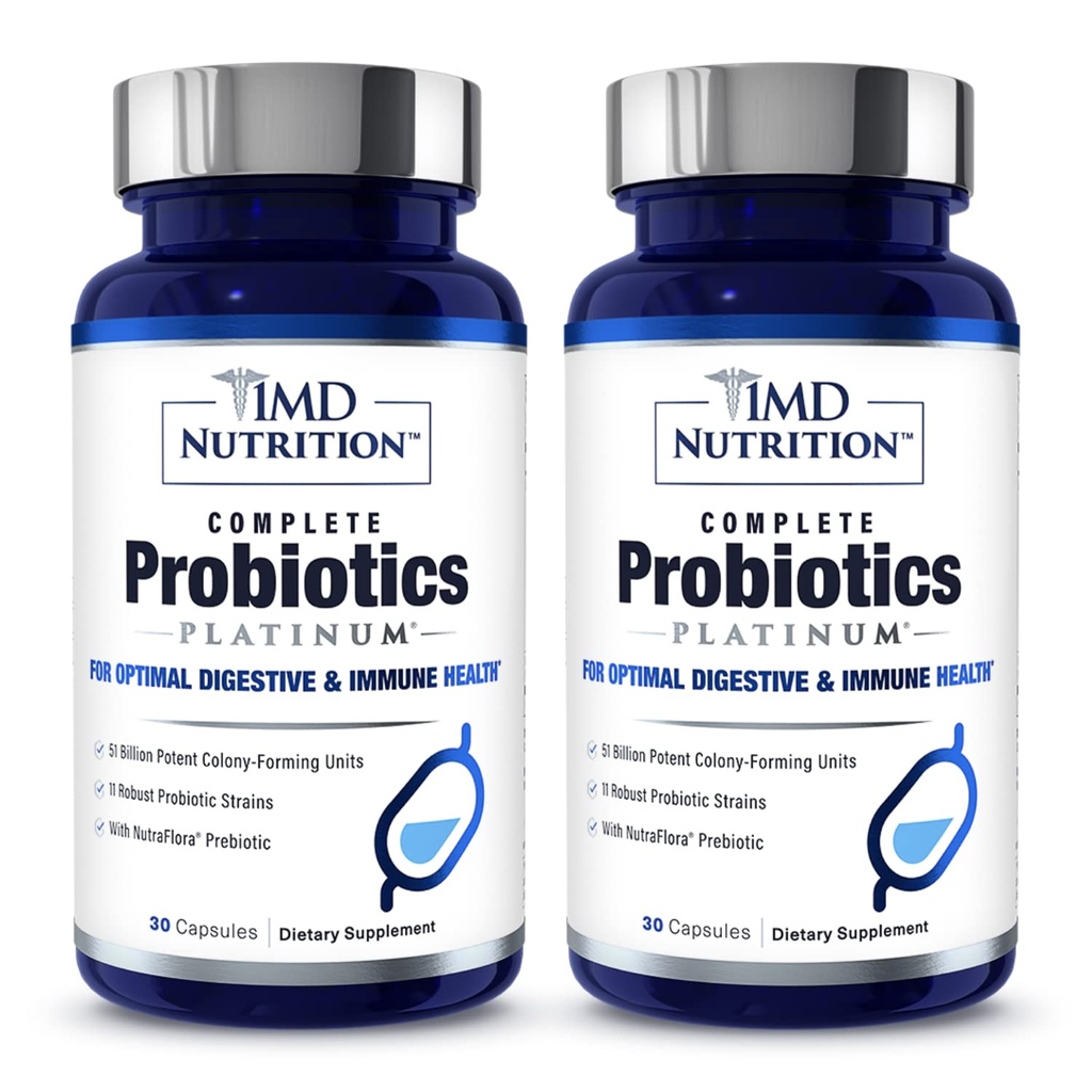 1MD Probiotici completi Platinum | Supporta la salute digestiva | con Prebiotici nutrienti, 51 miliardi di CFU dal vivo, 11 Strains, Dairy-Free | 30 Capsule vegetali (2-Pack)