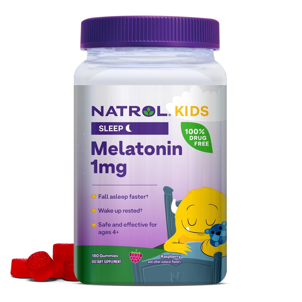 Natrol Kids Melatonin 1 mg, Supplemento dietetico per il sonno riposante, Melatonin Gummies per i bambini, 180 Gummie aromatizzate al lampone, Fino a un rifornimento di 180 giorni
