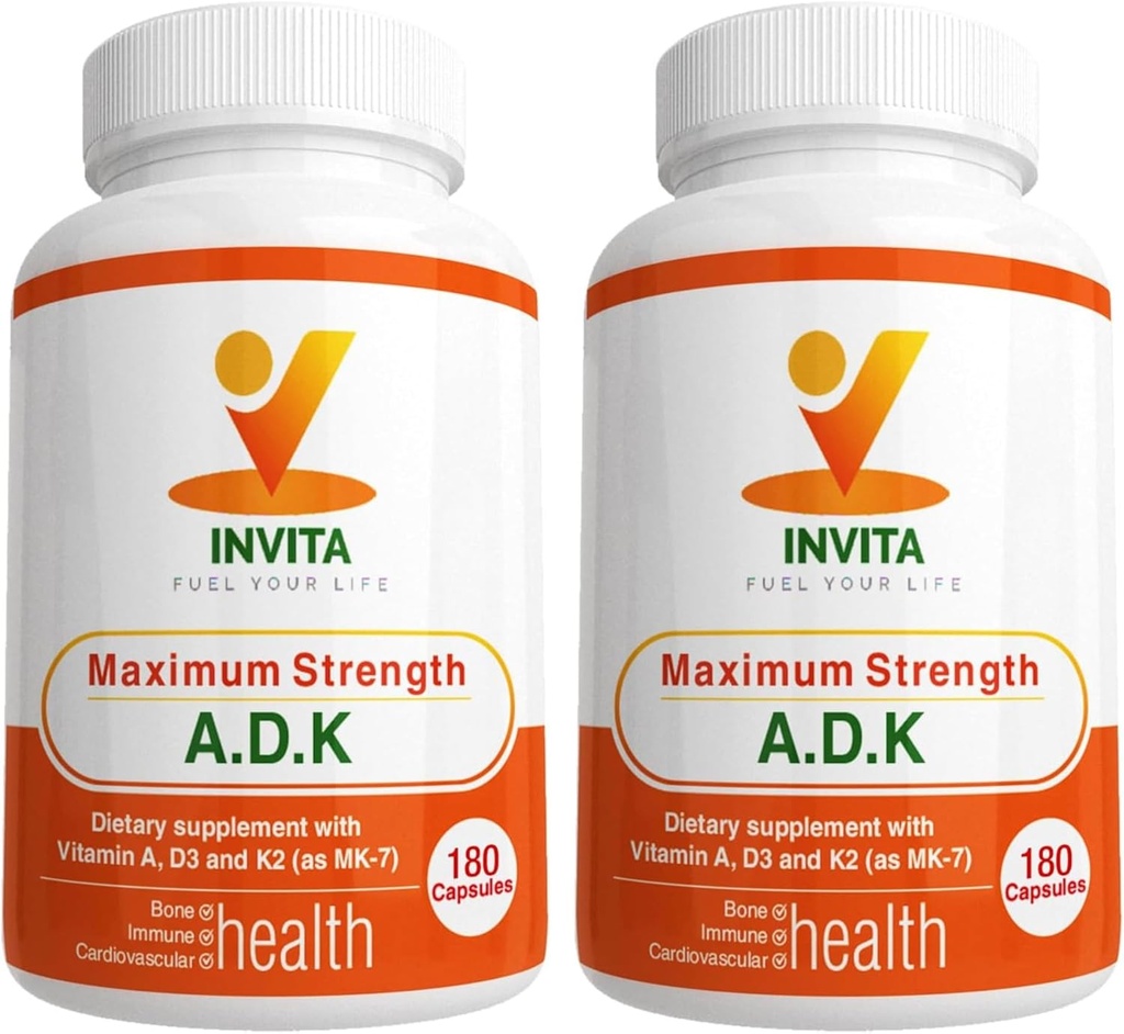 INVITA ADK - Vitamine A1, Vitamina D3 5000 IU & K2 MK7 Supplemento - Physician Formulated Bone & Immune System Support - Gluten Free, Non-GMO - 180 Capsule Vegetariani per Uomini e Donne