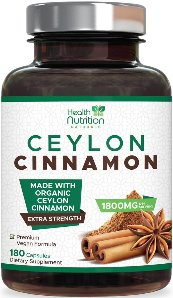 Ceylon Cinnamon Capsule 1800mg - Certificato Organic Ceylon Cinnamon Powder Supplement, Bottigliato negli Stati Uniti, Pillole di supporto per energia e cuore ad alta resistenza, Non-GMO & Gluten Free, Sugar Free - 180 Capsule