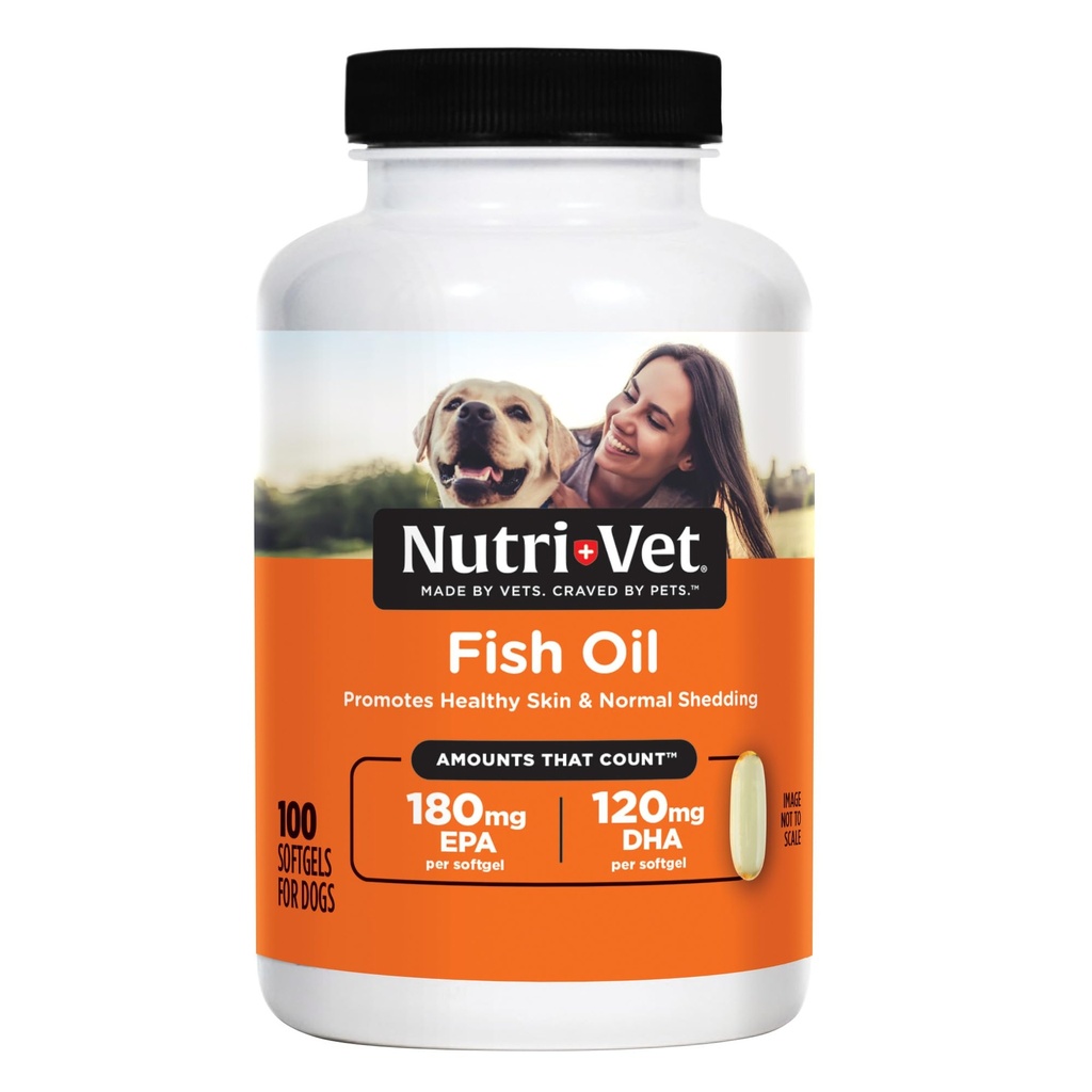Nutri-Vet Fish Oil Supplemento per cani, Omega 3, Fish Oil for Dogs, Pet Supplies, Pet Vitamine e Supplementi, EPA DHA Formula, Puppy Vitamins, Shed Control, Nuovo Puppy Essentials, 100 Conte