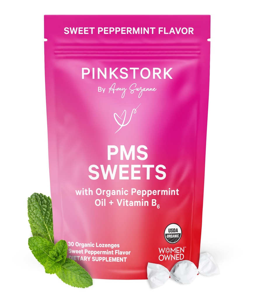 Pink Stork Organic PMS Support Sweets for Teens and Women - Ingredienti semplici e naturali Vitamina B6 and Peppermint - Periodo, Digestione, Bloating, Mood Swings - 30 Gocce