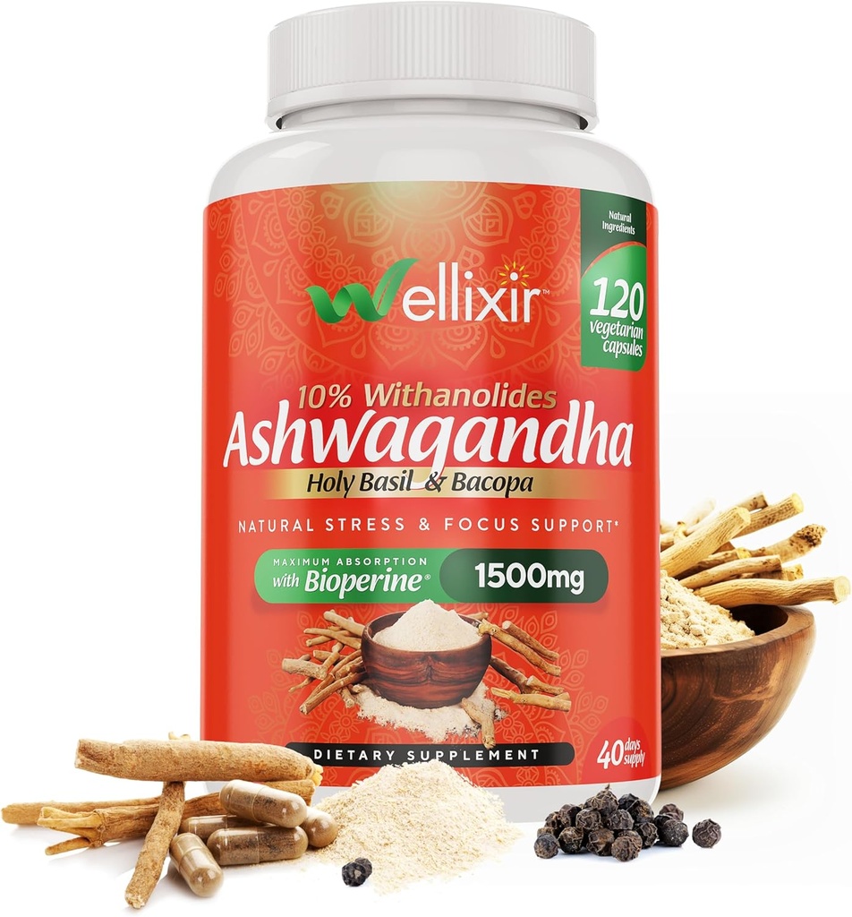 Ashwagandha Capsule - 10% Withanolides, Estratto di polvere di radice, Integratore di erbe per aiutare a sostenere un naturale stress sollievo, sonno, messa a fuoco - 1500mg, per gli uomini e le donne -120 Conte