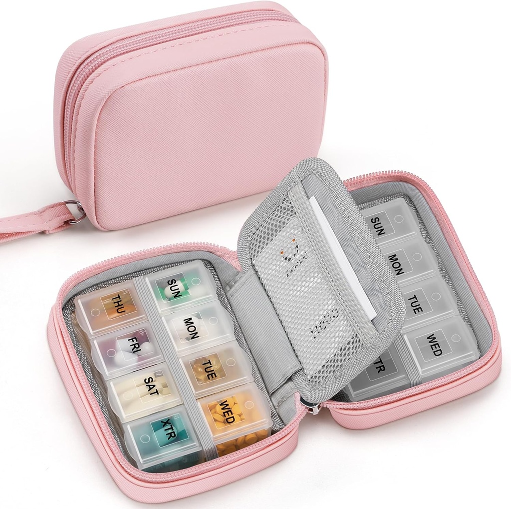 Zannaki Cute Pill Organizer per Purse con due rimovibili 7-Day Pill Box, Travel PU Leather Pill Case, Portable Weekly Pill Container with Storage Bag to Hold Vitamins, Fish Oils, Supplements (Pink)
