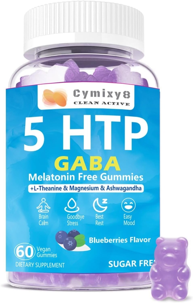 5HTP GABA Gummies Blend 1700mg, Gummie calma senza zucchero con L Theanine, Magnesio, Ashwagandha, Omega-3-6-9, Vitamina D3,B6 per Zzz naturali, Mood, Brain-Calm, Blueberry Flavor 60Count