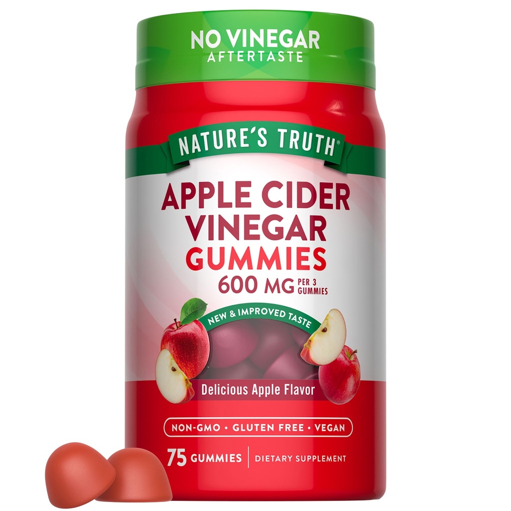 Verità della natura Aceto di sidro di mele Gummies | 600 mg | 75 Gummies | Sapore di mela | Vegan, Non OGM, Gluten Free Supplement