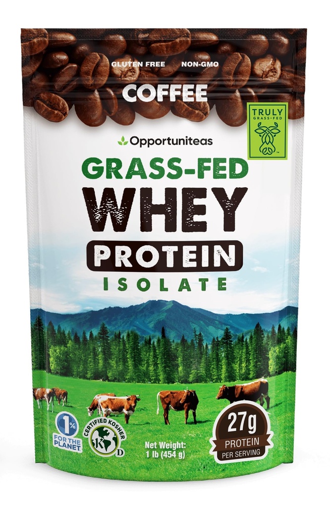 Opportuniteas Coffee Whey Protein Powder - Basso Carb & Keto Friendly - Grass Fed Whey Isolate + Colombian Coffee - 60 mg Caffeina per l'energia - Pre o Post Workout Drink Mix, Latte, Shake & Smoothie 1lb