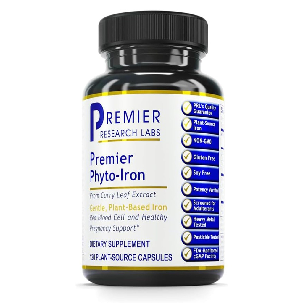 Premier Research Labs Phyto-Iron - Ferro da stiro a base di piante per gli uomini e le donne per il supporto del sangue, supplemento di foglie di curry, supplementi di ferro, ferro non eme, 18mg ferro per porzione - 120 capsule vegetariane