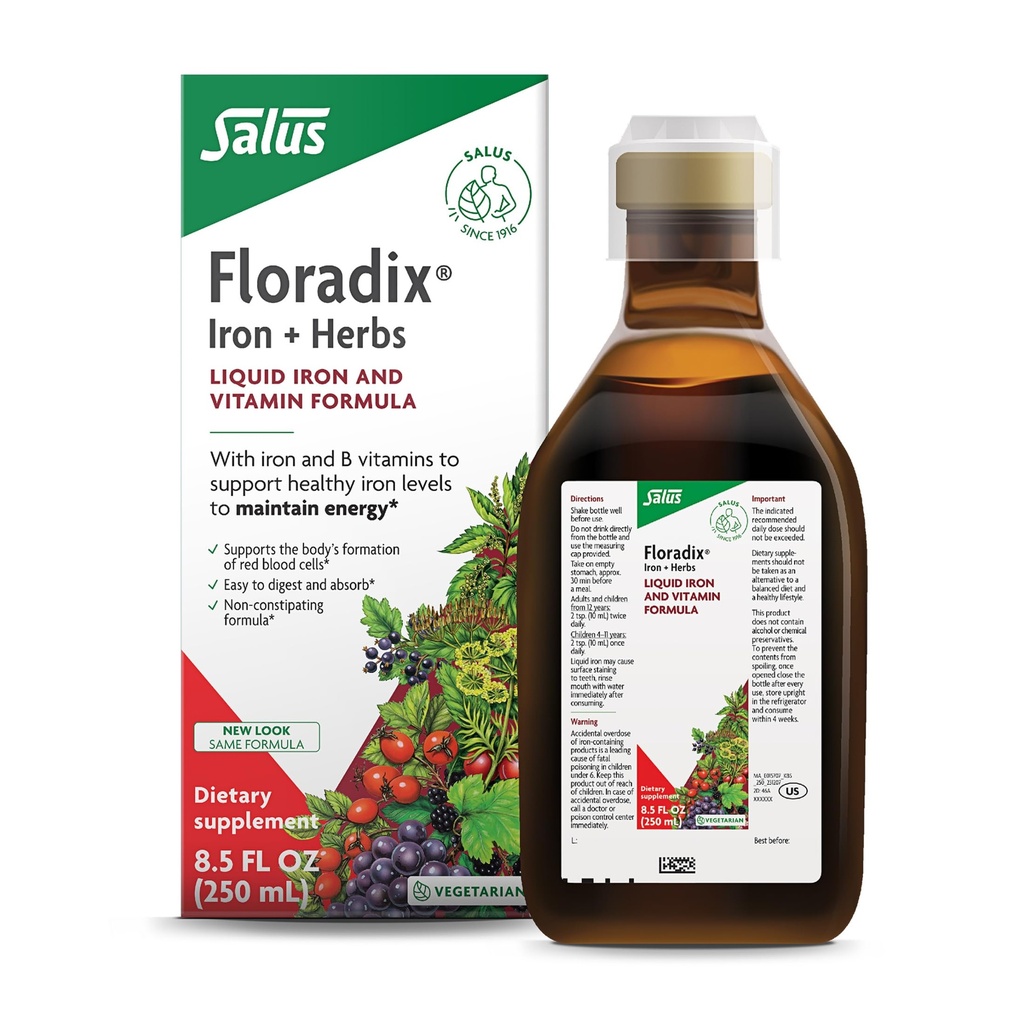Floradix Iron & Herbs - Supplemento di erbe liquide per il supporto energetico - Supplemento di ferro con vitamina C & Vitamina B Complex - per gli uomini e le donne - 8.5 fl oz