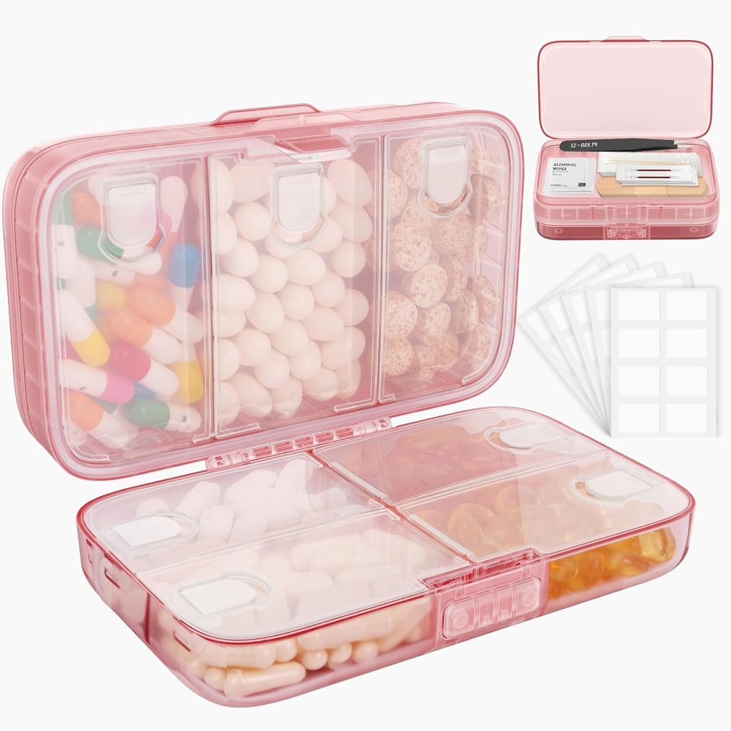 FYY organizzatore di pillole settimanali con etichette,8 scomparti Travel Daily Pill Case Airtight Moistureproof Large Pill Box per tenere vitamine, olio di pesce, integratori, cotone Swab e Bandages-Pink