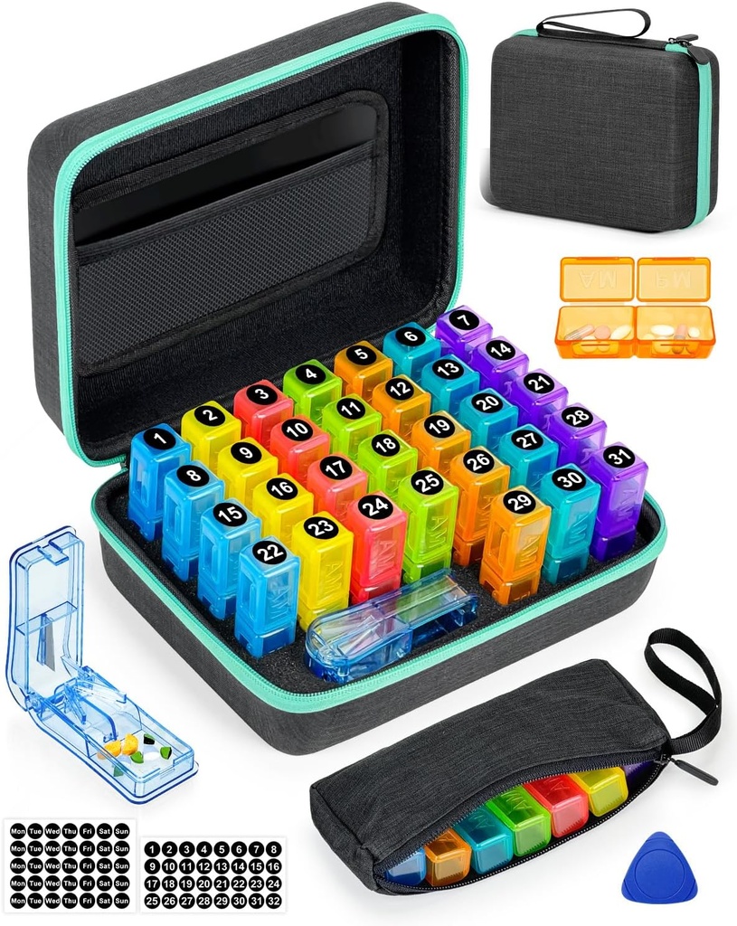 Organizzatore di pillole mensile 2 volte al giorno, con borsa settimanale di pillole, Shell portatile, taglierina di pillole, scelta di apertura di plastica, adesivi mensili e settimanali, gestione di farmaci e monitoraggio conveniente