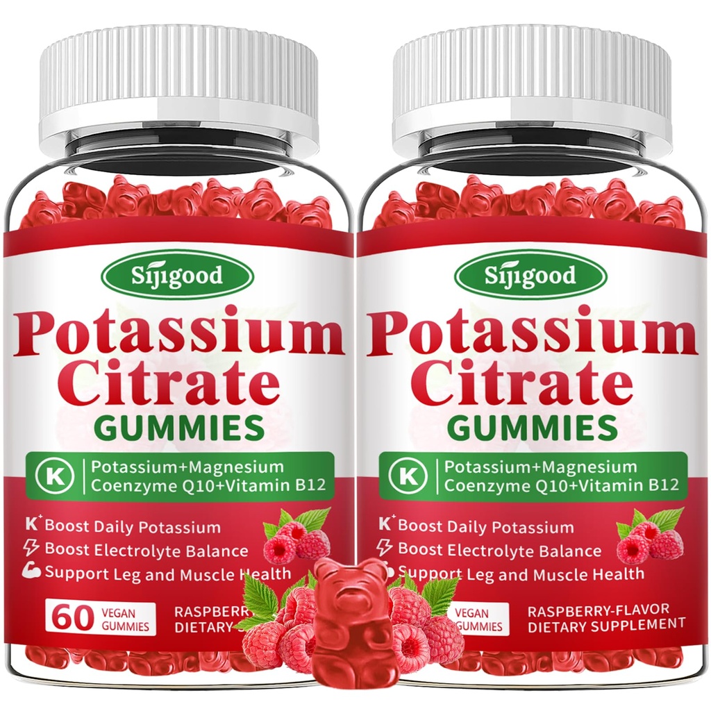 2 pacchi di potassio Citrato Gummies – Supplemento di potassio per la salute del muscolo, grasso della gamba & equilibrio di elettrolita, Vegan, non OGM, senza glutine, aroma di lampone, 120 conte