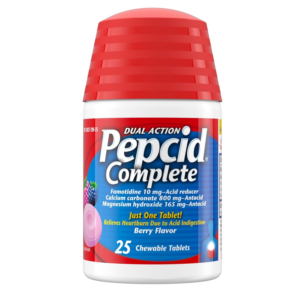 Riduttore di acido completo di peptidi + acido per il riflusso acido, 10 mg di Famotidina, carbonato di calcio di 800mg & 165 mg di idrossido di magnesio per la medicina di bruciore di stomaco Tablet, chews di azoto, bacche, 25 ct