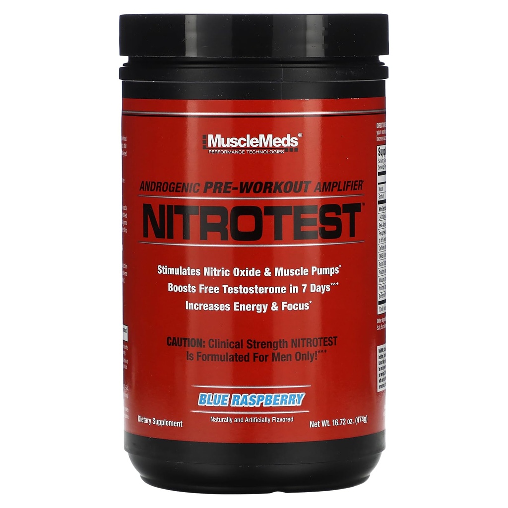 MuscleMeds Nitrotest Pre-Workout Supplement Drink, Boost Nitric Oxide, Testosterone, Blue Raspberry, 30 Serving, 1.04 Pound, 1 Conte
