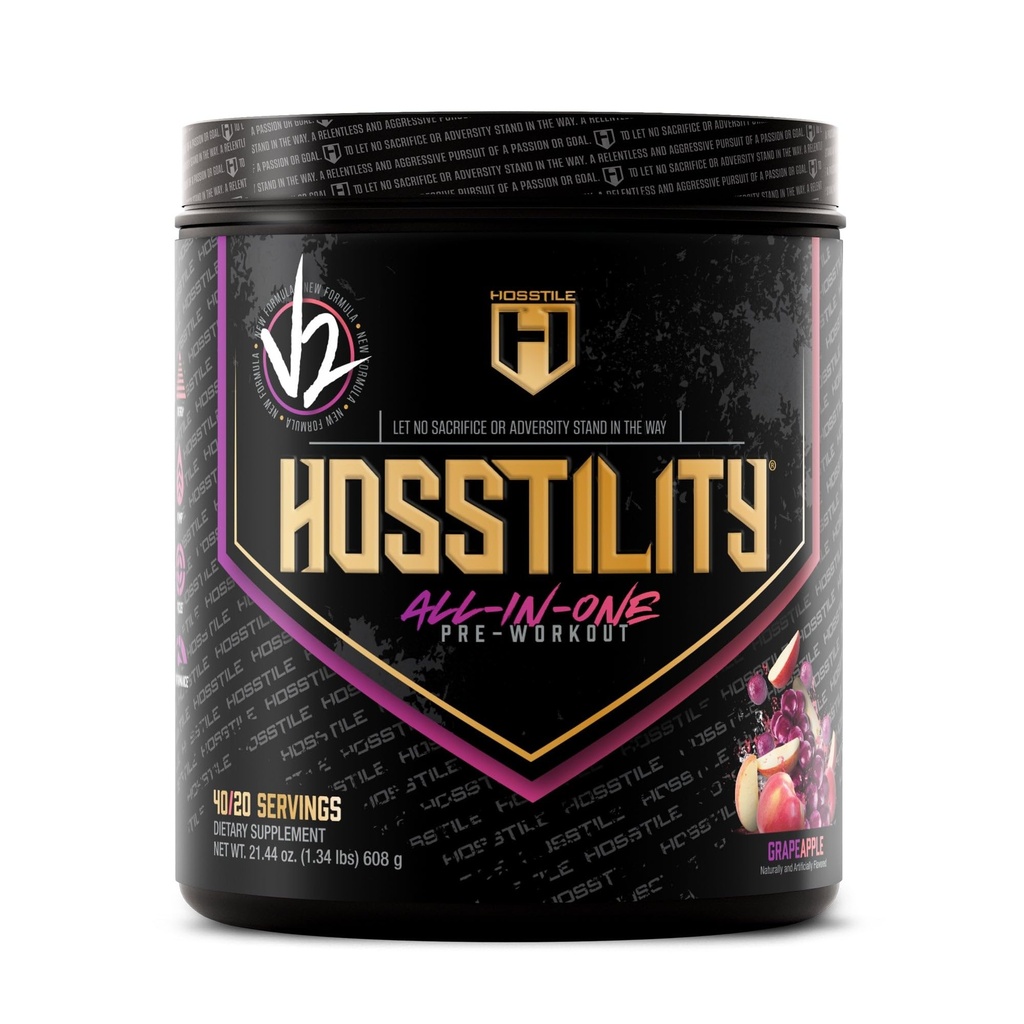HOSSTILE Hosstility V2 Pre Workout, All-in-One Pre polvere di allenamento per gli uomini e le donne, Aumentare la pompa del muscolo, aumentare l'energia, aumentare la resistenza, affilare il fuoco, Uva Apple, 40 Servings