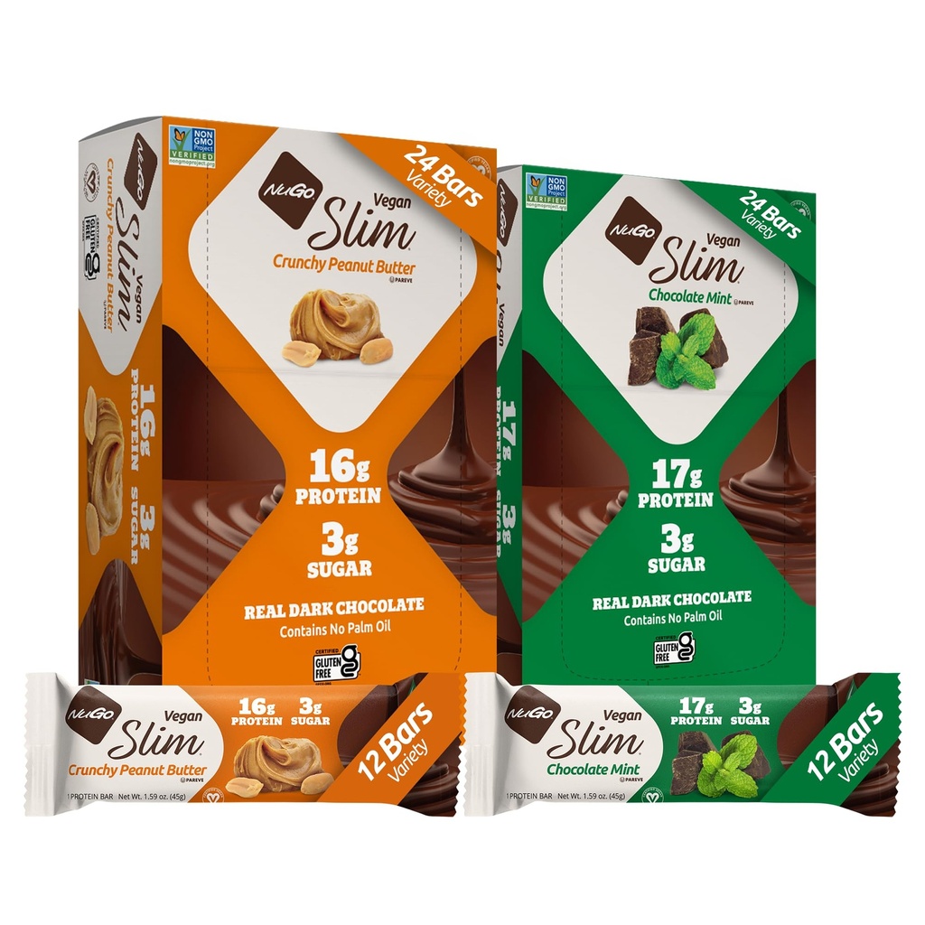 NuGo Slim Vegan Variety - Burro di arachidi croccanti 12 bar & Chocolate Mint 12 bar, Carburo basso netto, Keto Friendly, 16-17g Proteine a base di piante, Gluten Free, 24 conteggio
