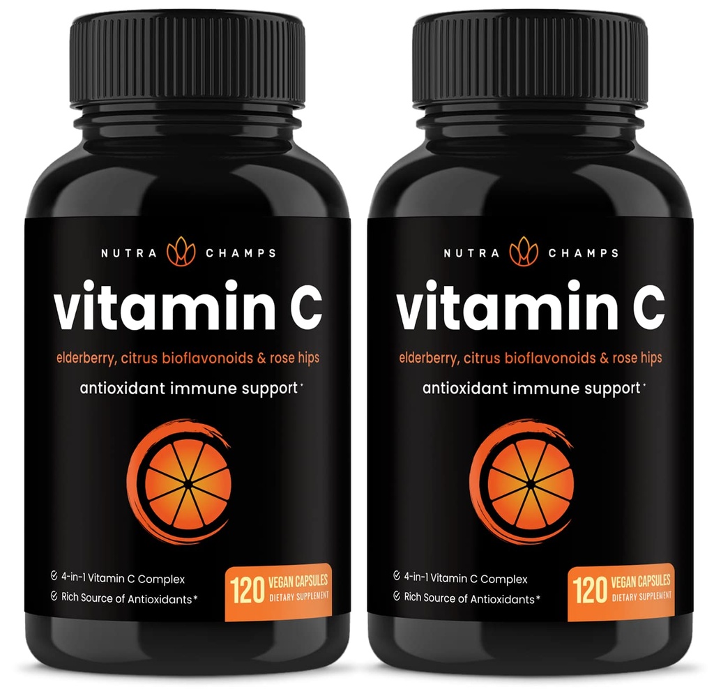 NutraChamps (2 Pack) Vitamina C 1000mg con Elderberry, Citrus Bioflavonoids & Rose HIPS - 120 Capsule Vegan, Non OGM Antiossidante Supplemento per la salute e la produzione di collagene immunitario 500mg