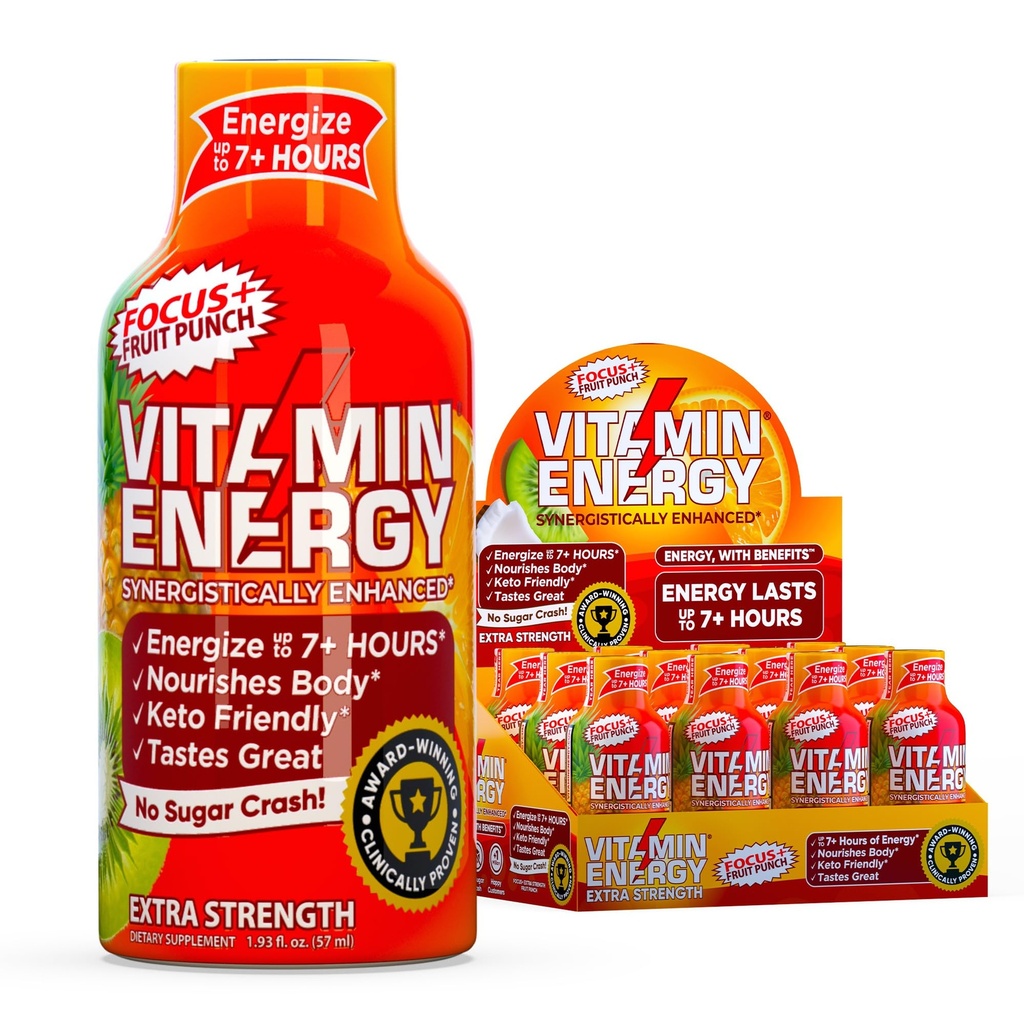 Vitamin Energy Focus+ Extra Strength Energy Shot Fruit Punch 12 Pack, 260mg Natural Caffeine, B-Vitamins, CoQ10, Aminoacidi, Focus, Produttività & Clarity, Zero Sugar, Gluten-Free, 1.93 fl oz