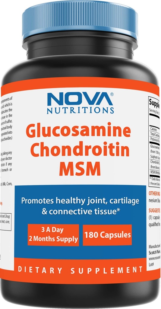 Nova Nutritions Triple Strength Glucosamine Chondroitin MSM 2600mg/Serving Capsules, Supporta il giunto sano, il cartilage e il tessuto connettivo - Promuove Joint Comfort & Flexibility 180 Count