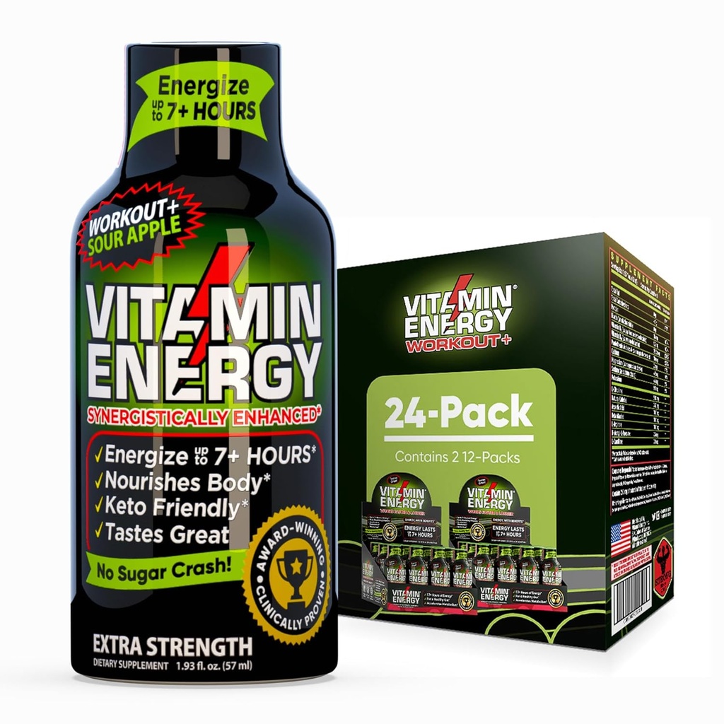 Vitamin Energy Workout+ Extra Strength Energy Shot Sour Apple 24 Pack, 260mg Natural Caffeine, Pre-Workout, B-Vitamins, Minerali, Endurance & Performance, Zero Sugar, Gluten-Free, Vegan, 1.93 fl oz