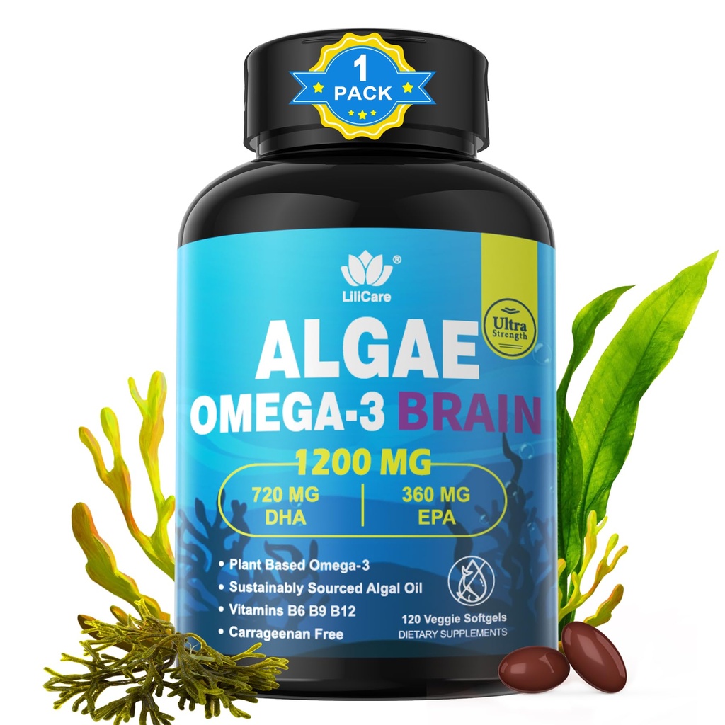 Omega 3 Fish Oil Softgels con DHA 720mg EPA 360mg, Vegan Algae Scienza 2:1 Ratio per occhio del cervello, Plant Based Sustainably Sourced Omega 3 Supplemento, Fish Oil Alternative 1200mg, No Fish Taste, 120Cts