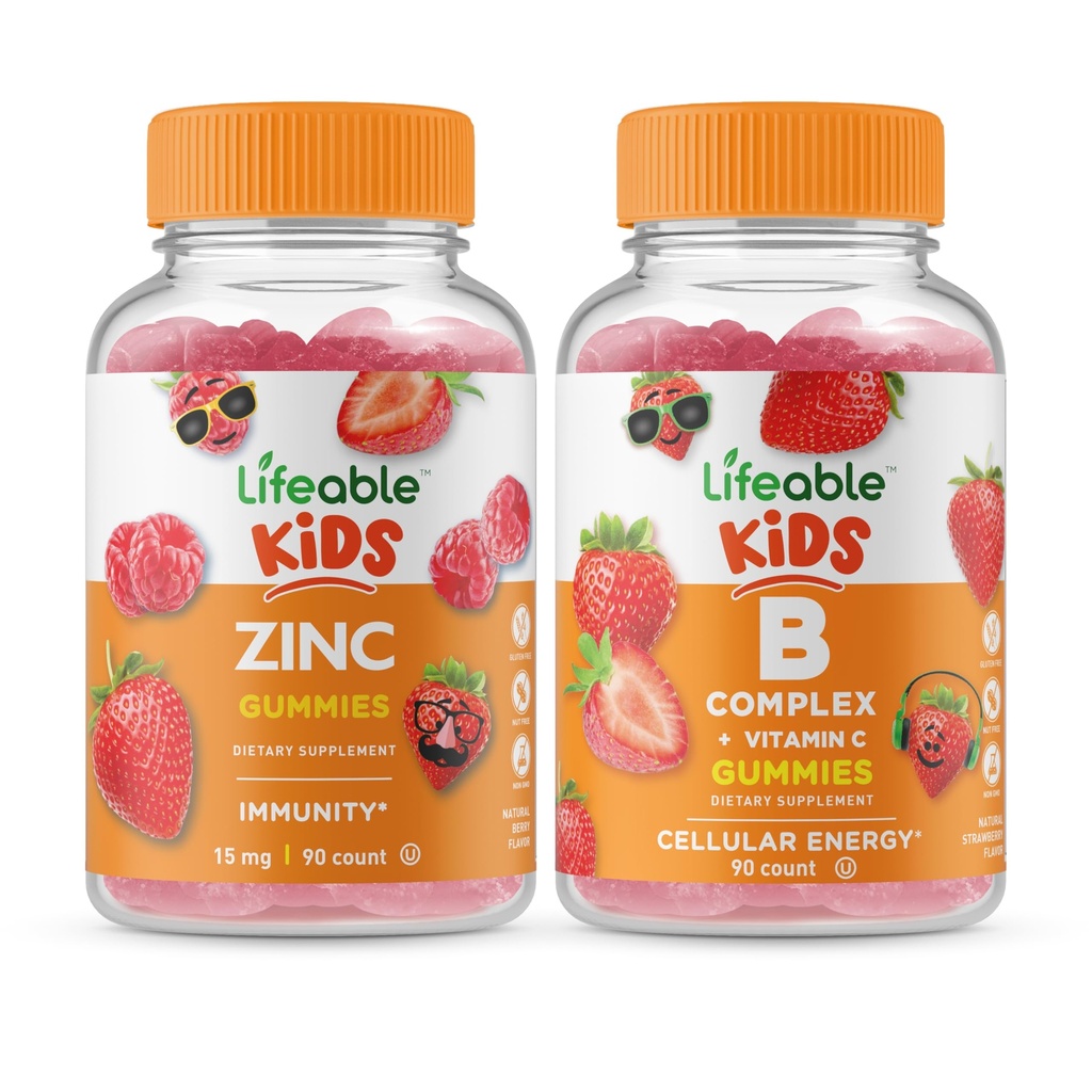 Bambini di zinco vitali + B Complex Bambini, Gummies Bundle - Grande degustazione, Supplemento di vitamina, Senza glutine, OGM libero, pancia masticabile
