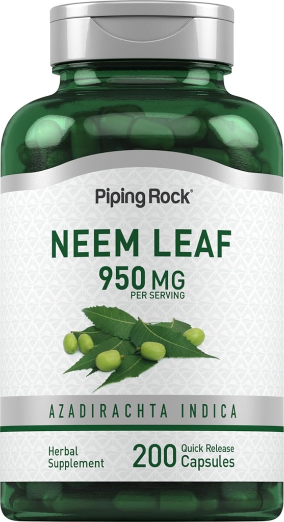 Piping Rock Neem Leaf Capsule | 950mg | 200 Pillole di Polvere | Estratto di erbe Supplemento | Azadirachta Indica | Non OGM, Gluten Free