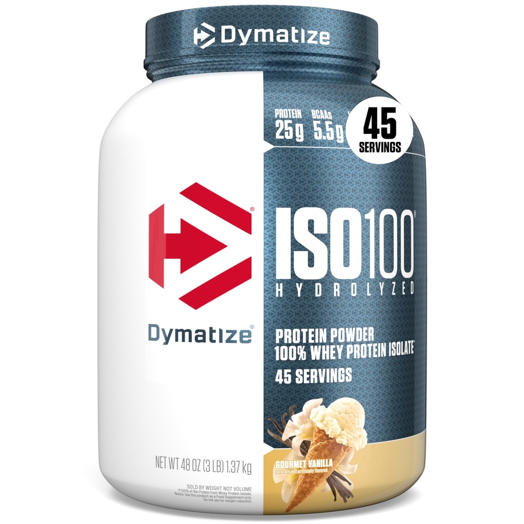 Dymatize ISO100 Whey Protein Powder Isolate, Vanilla, 25g di Proteine, 3 Pound, 5.5g BCAA, Meno di 120 Cal., Gluten Free, 1g Fat, 1g Sugar, 2g Carb (45 Servings)