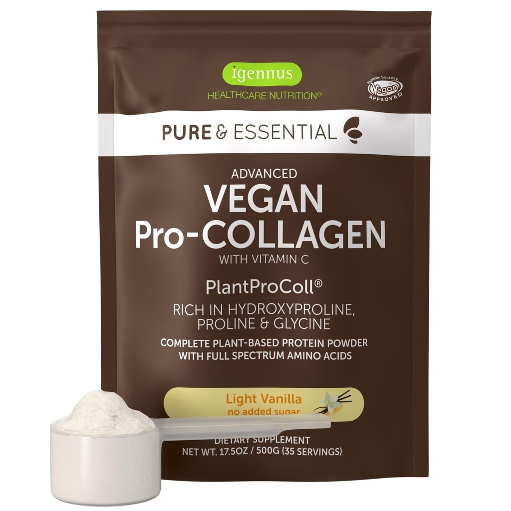 Igennus Avanzato Vegan Vanilla Collagen Peptide Polvere, potenziato con glicina, Proline & Hydroxyproline & Cofactor Vitamin C, Non OGM, Vegetar Plant Based Collagen Powder Booster, 35 Servings