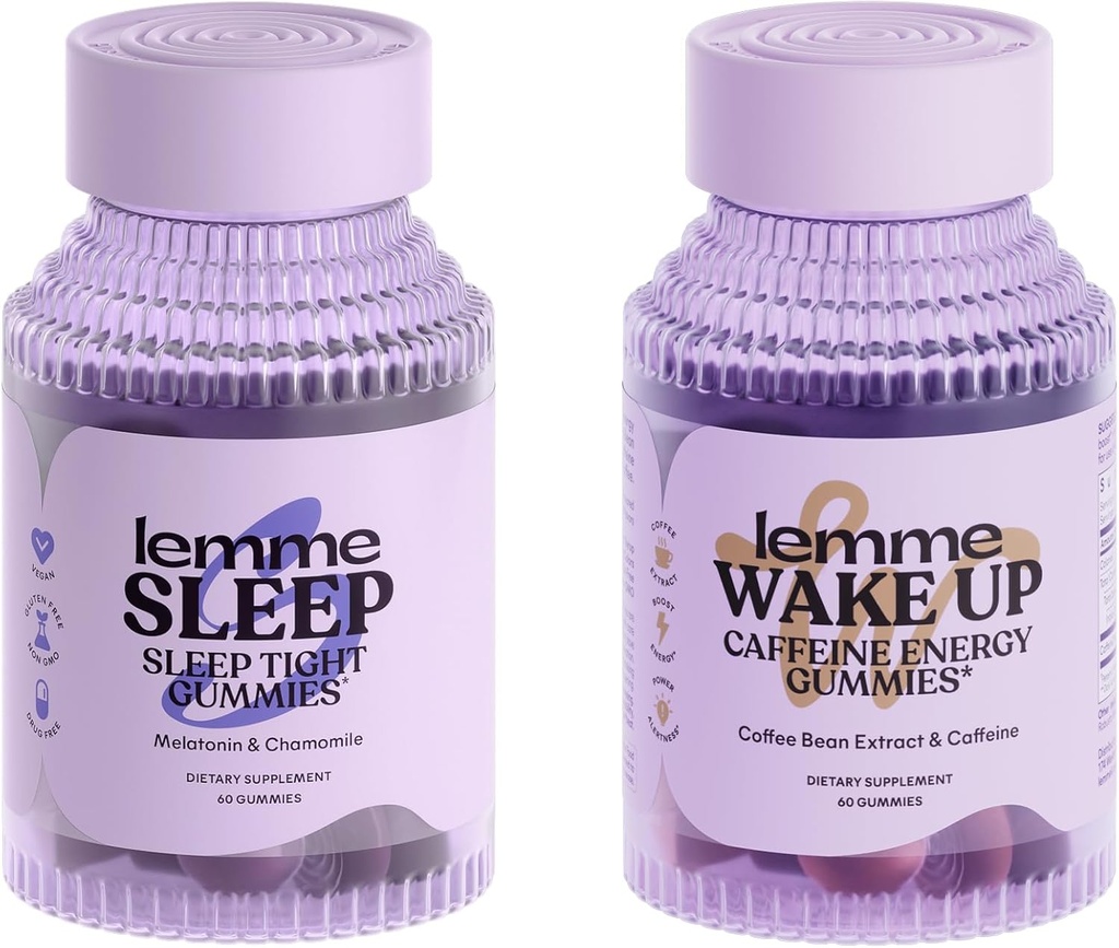 Lemme Sleep and Wake Up Bundle - Gommie per il riposo di una notte migliore & Wake Up Caffeine Gummies per l'energia - senza glutine, non OGM, 60 Conte Ogni