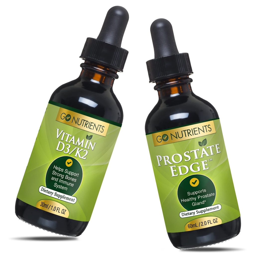 Go Nutrients Liquid Vitamin D3 con K2 (MK-7) Gocce & Prostate Edge Prostate Supplemento per gli uomini con Pygeum e Saw Palmetto Estratto di vitamina D3 e K2 Che aiuto Stato emotivo