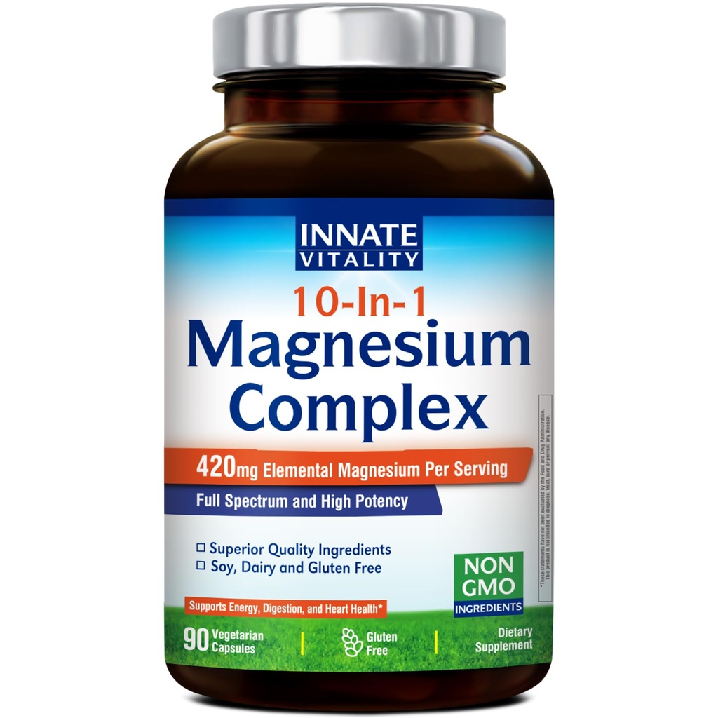 Innato Vitality 10-in-1 Magnesio Complesso 960mg, 420mg Mag Elemental per Serving, con Magnesio Glycinate, Citrato, Malato, e altro ancora, Dormire, Digestione, Supporto Energetico, 90 Caps Vegan
